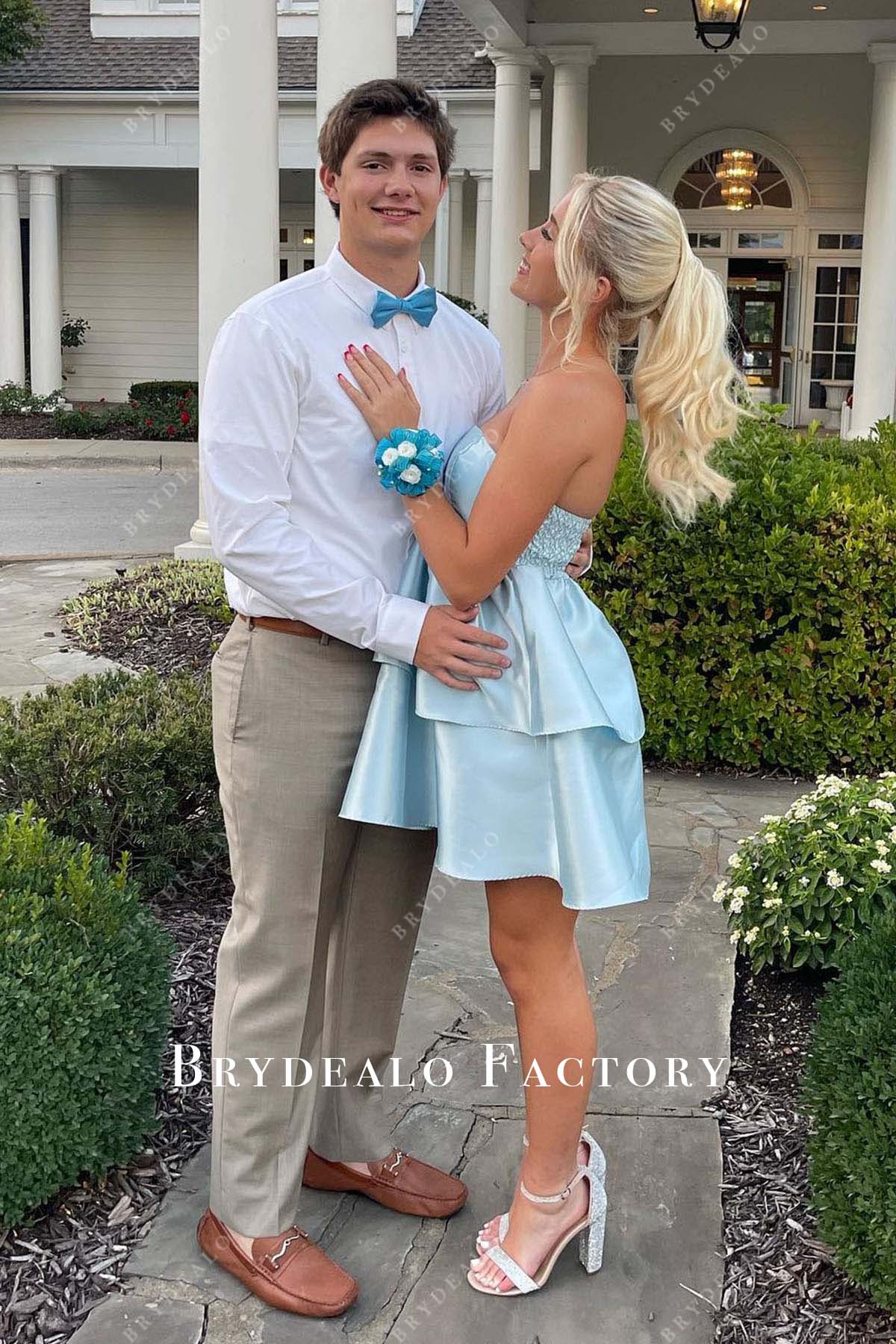 sky blue strapless homecoming dress