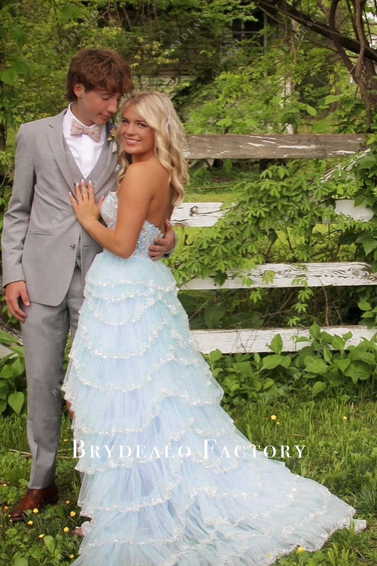 sky blue strapless layered homecoming dress