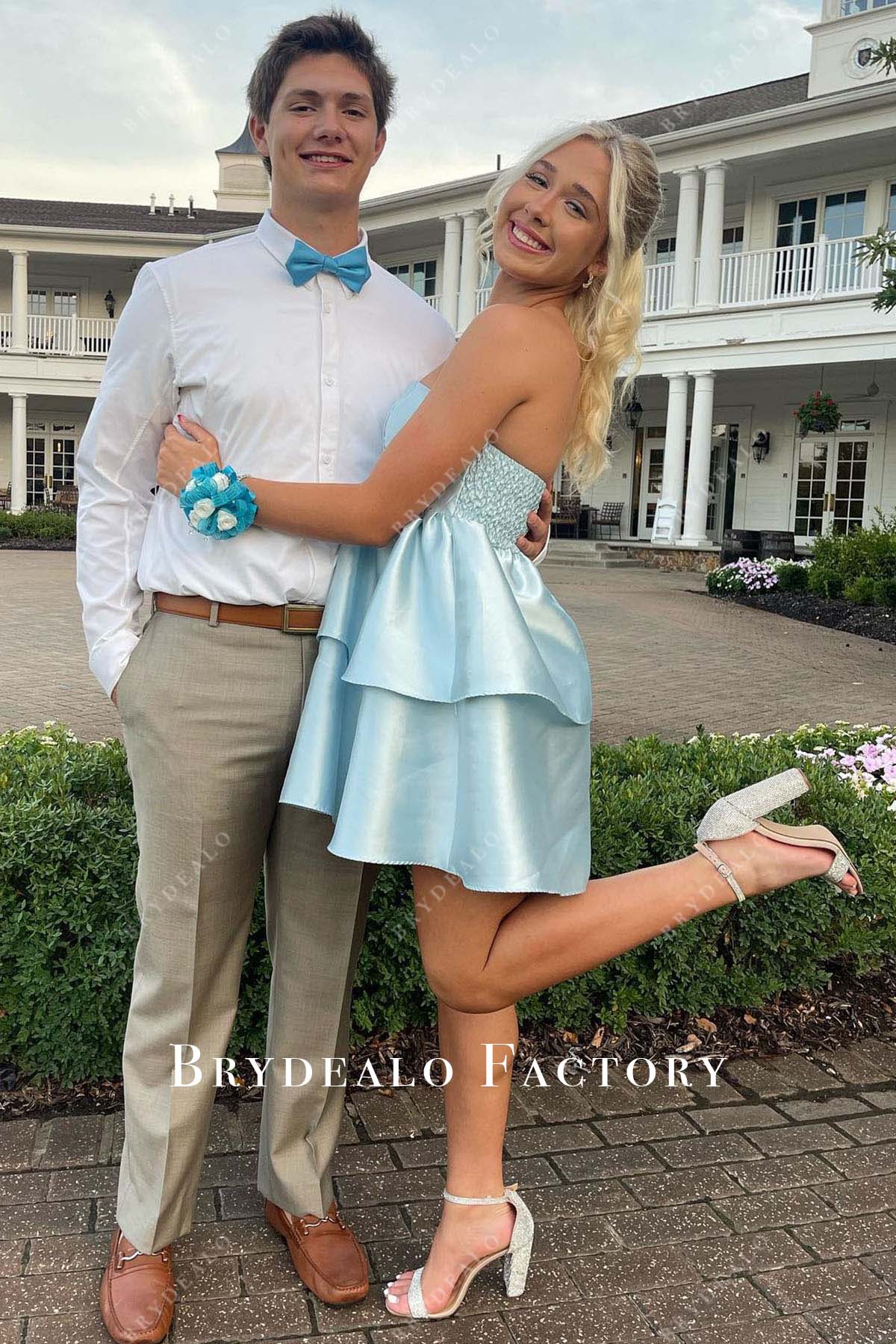 sky blue strapless layered homecoming dress