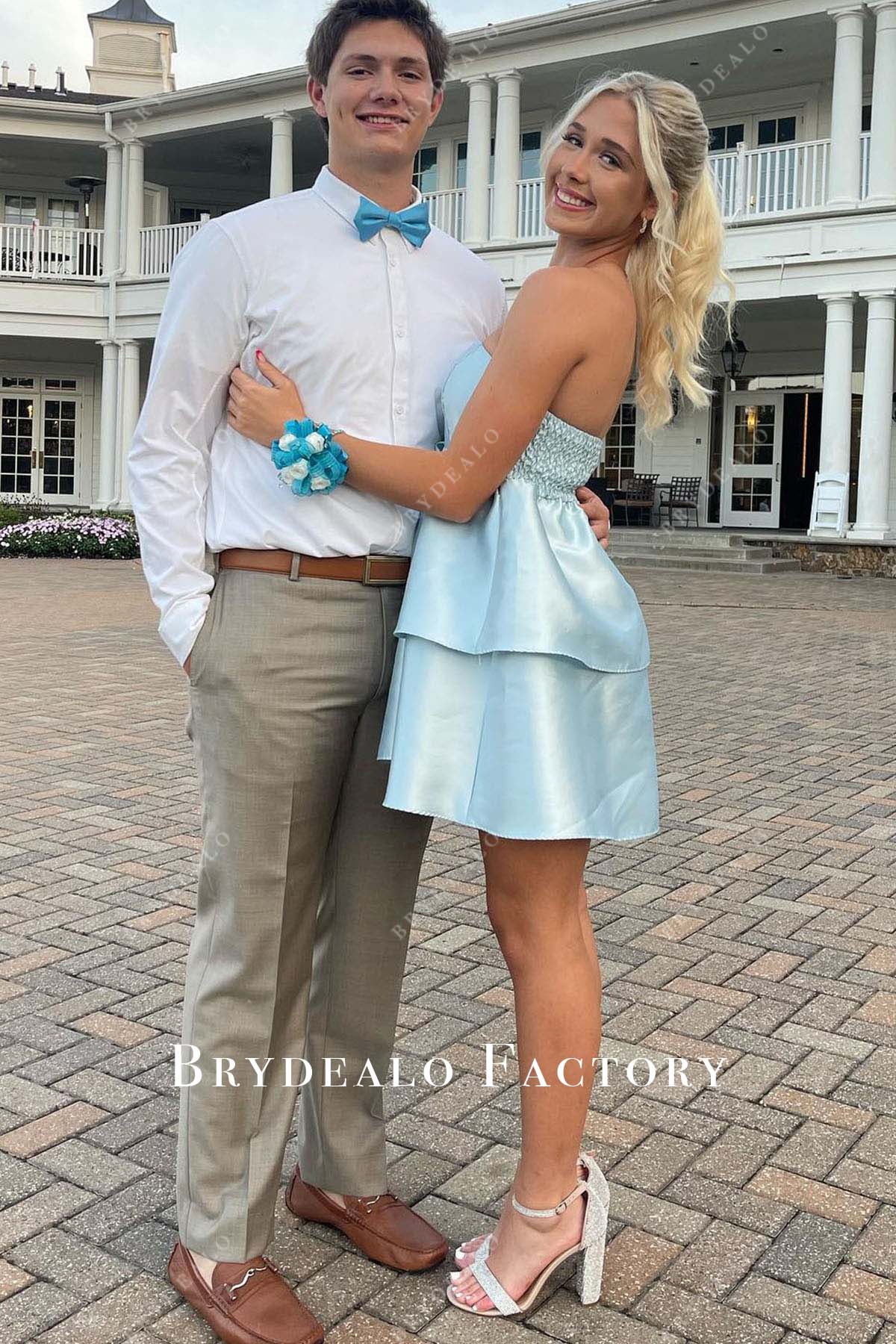 sky blue strapless short homecoming dress