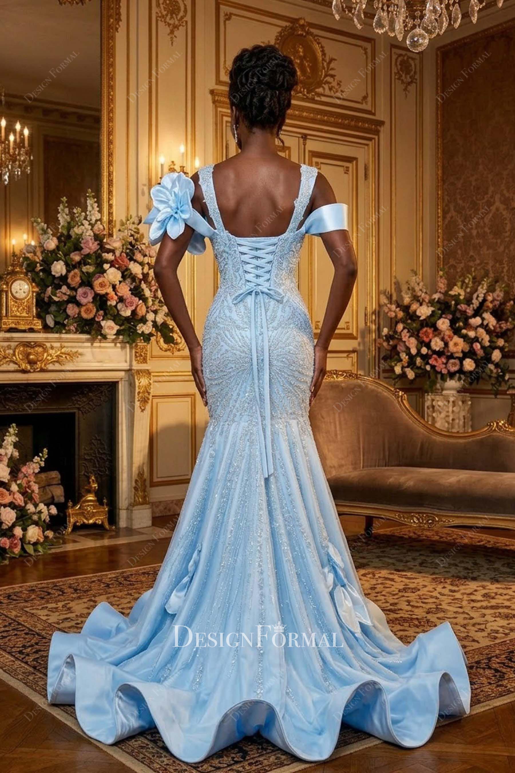 sky blue wide straps mermaid prom dress