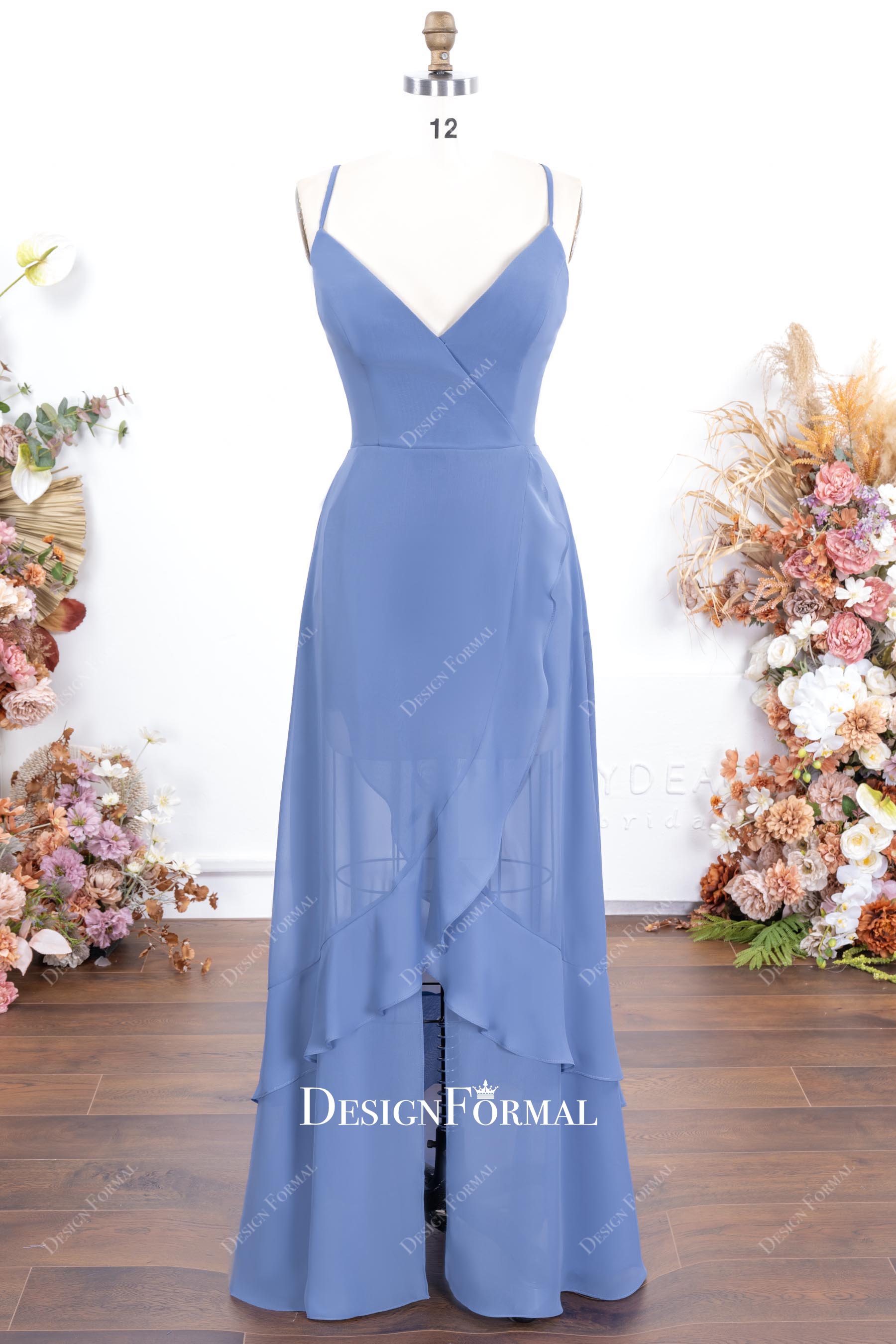 slate blue chiffon slit formal dress