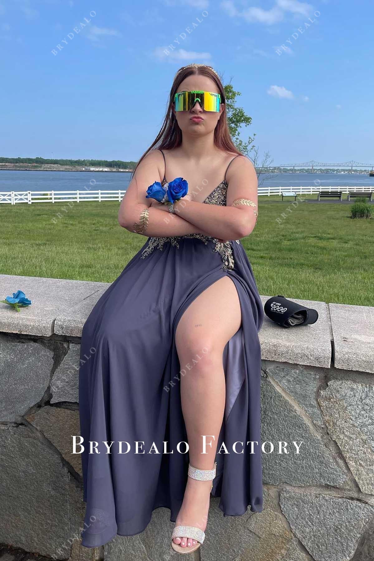 slate blue slit aline prom dress