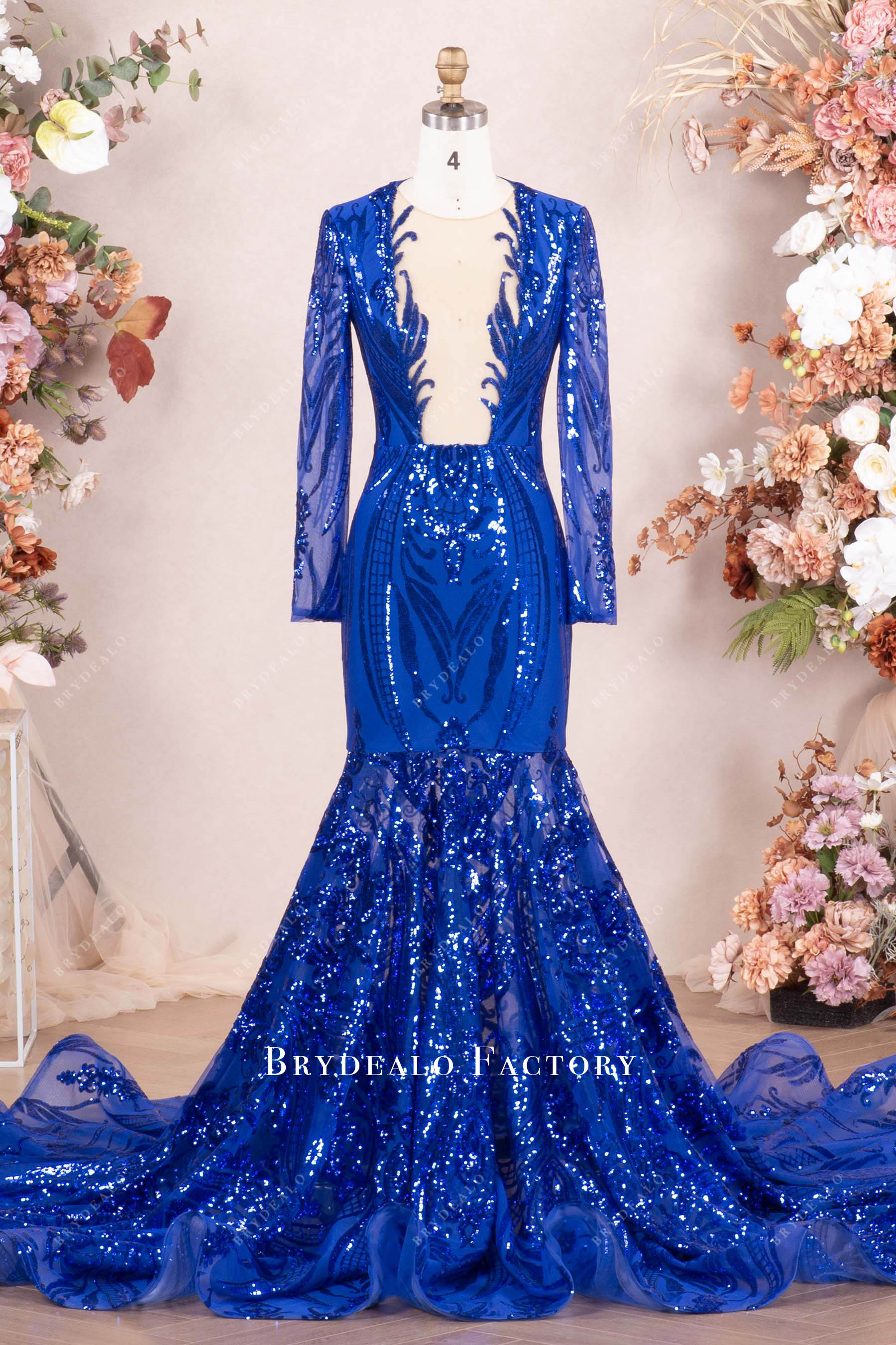 sleeve mermaid patterned sequin prom dress