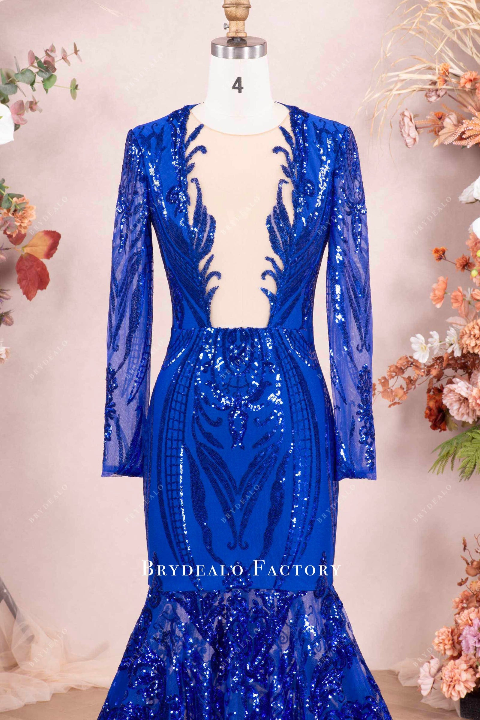 Robe de bal sirène à manches longues en sequins bleu roi étincelants