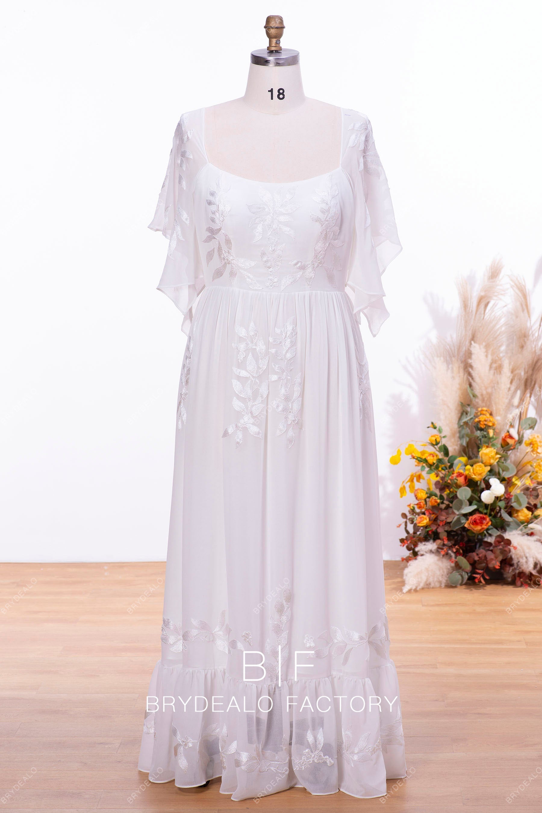 white plus size square neck chiffon lace bridesmaid dress