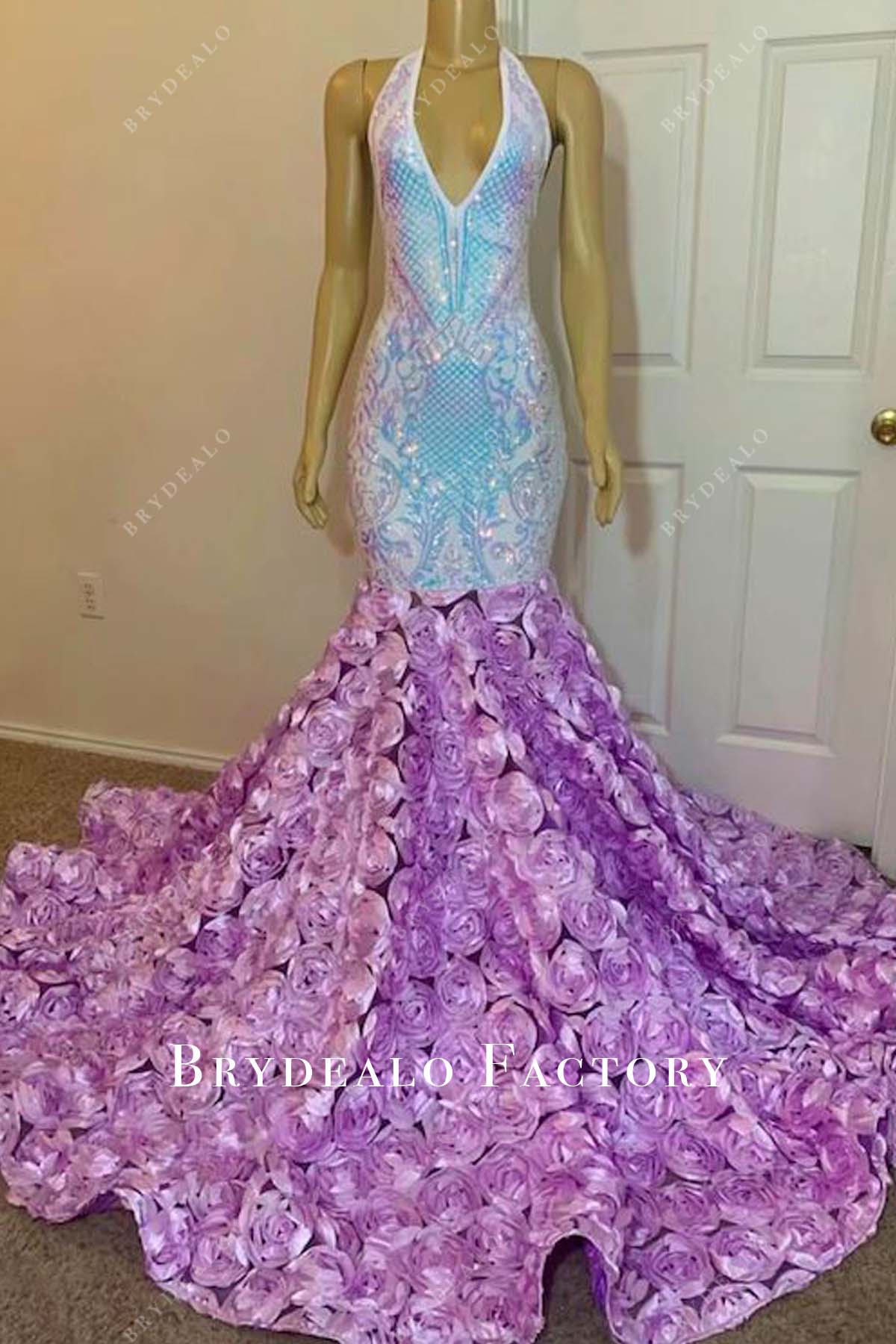 Iridescent Sequin Halter Neck Lilac 3D Rose Trumpet Prom Dress