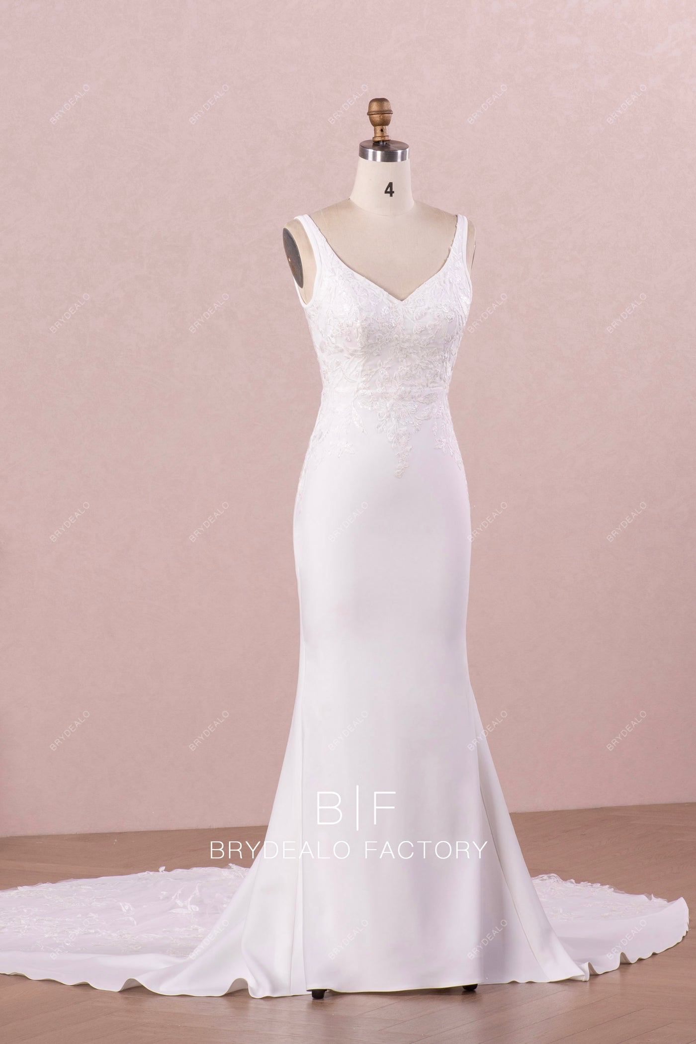 Elegant Cap Sleeve Lace Crepe Mermaid Spring Fall Bridal Gown