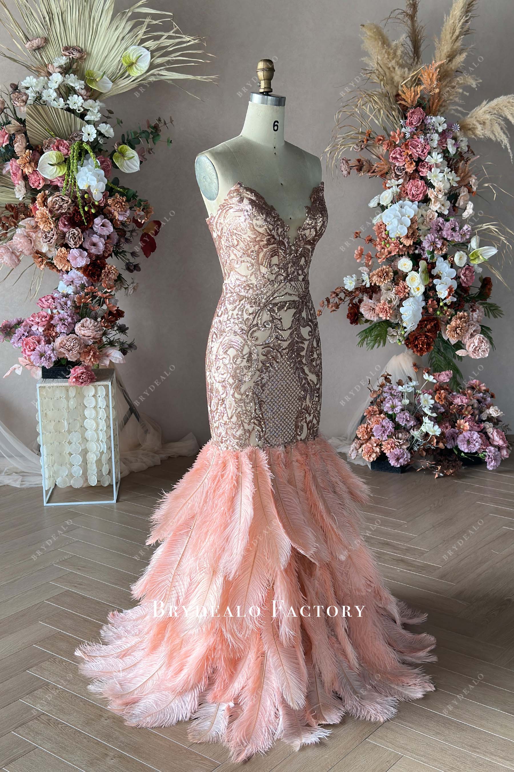 rose gold sleeveless big feathers prom gown