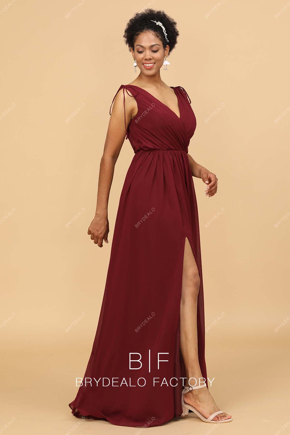 sleeveless chiffon slit burgundy bridesmaid gown