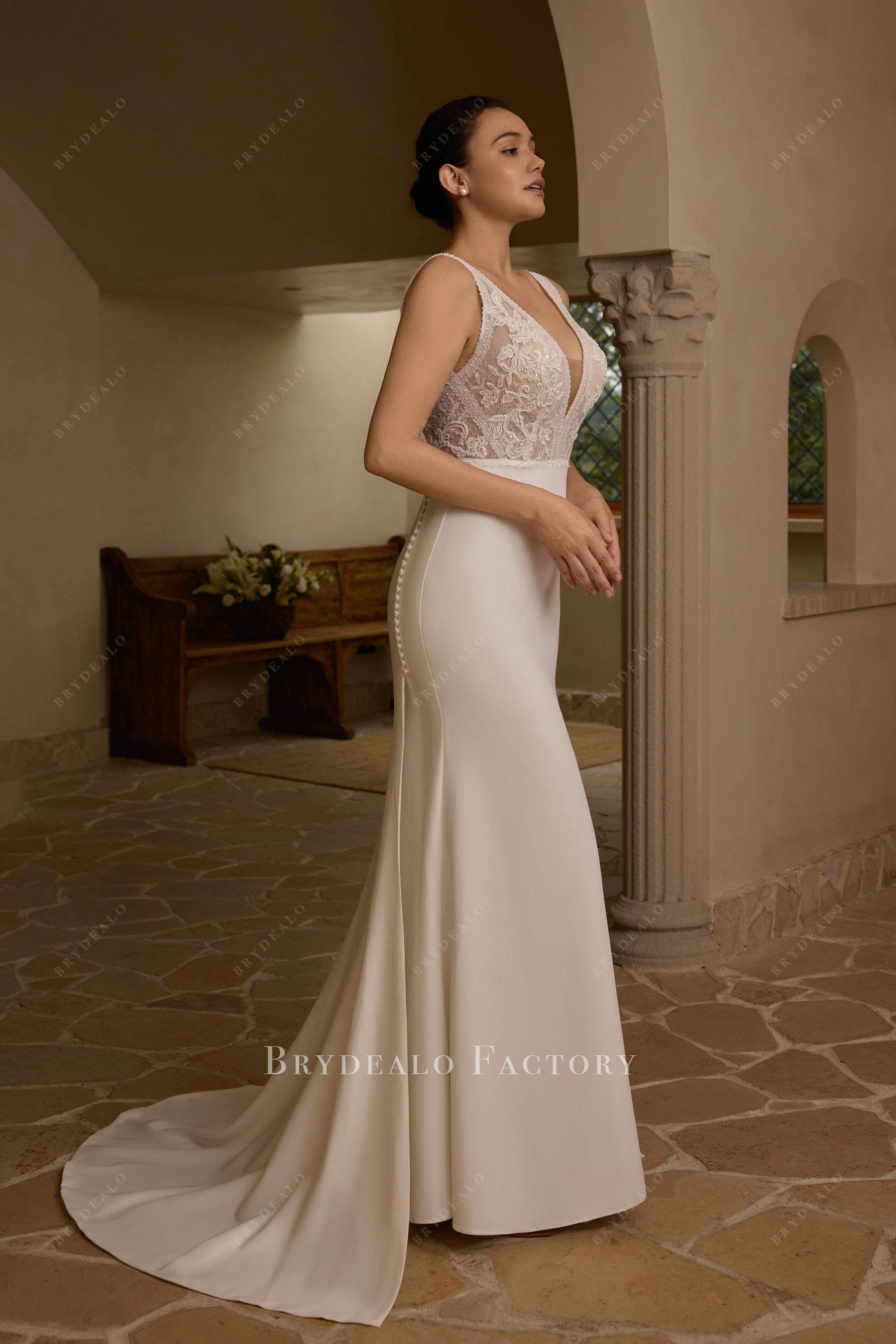 sleeveless crepe bridal dress