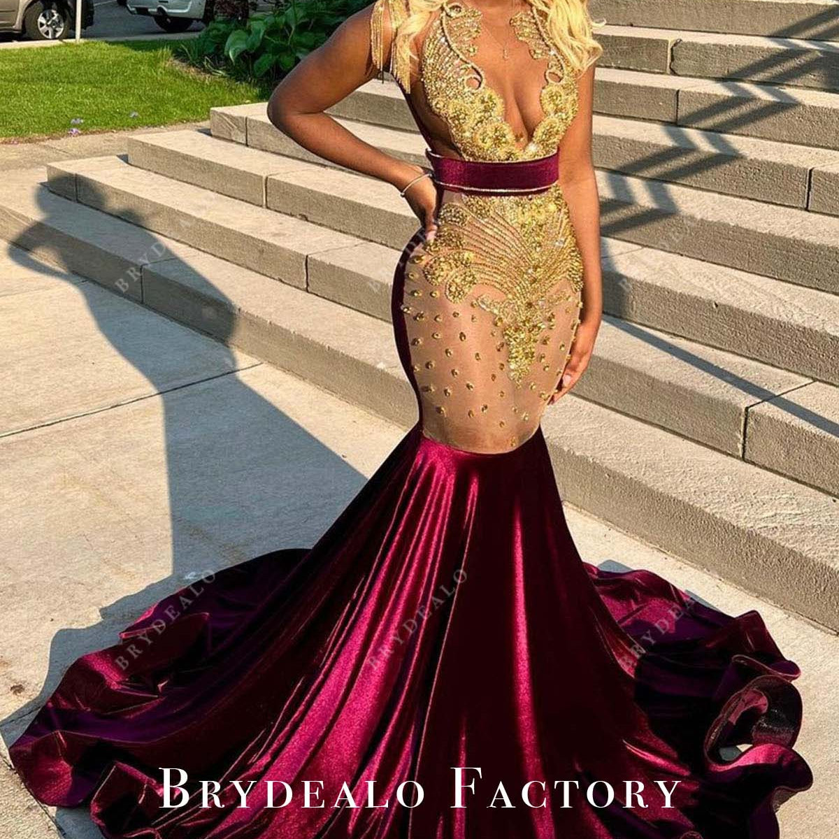 Gold Rhinestone Burgundy Velvet Trumpet Prom Dress
