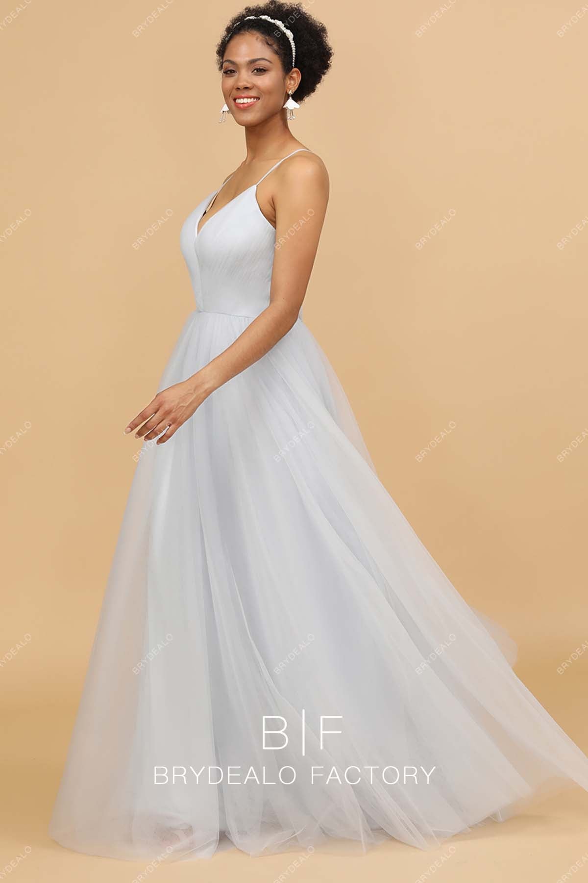 sleeveless ice blue tulle bridesmaid gown
