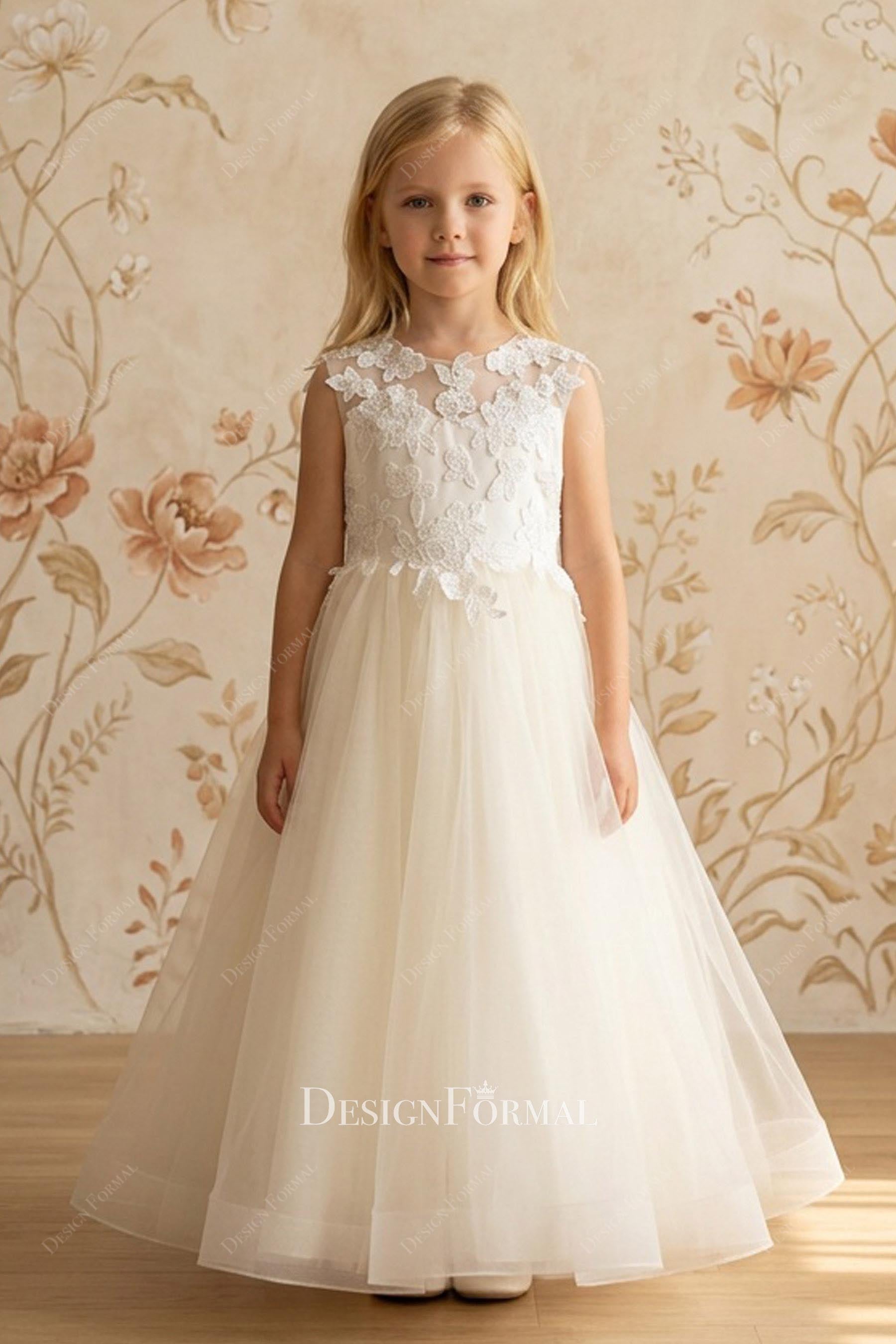 sleeveless ivory tulle a line flower girl dress