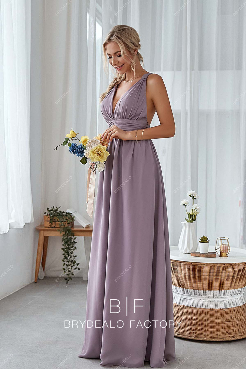 Illusion High Neck Chiffon Bridesmaid Gown Wisteria