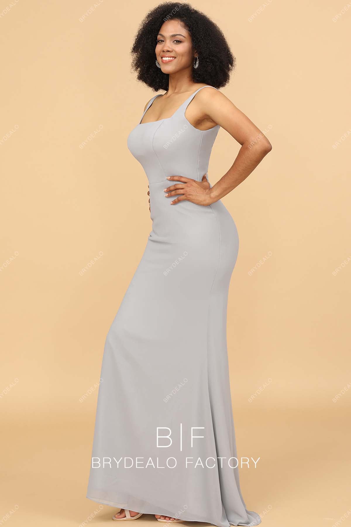 elegant grey sleeveless long bridesmaid dress