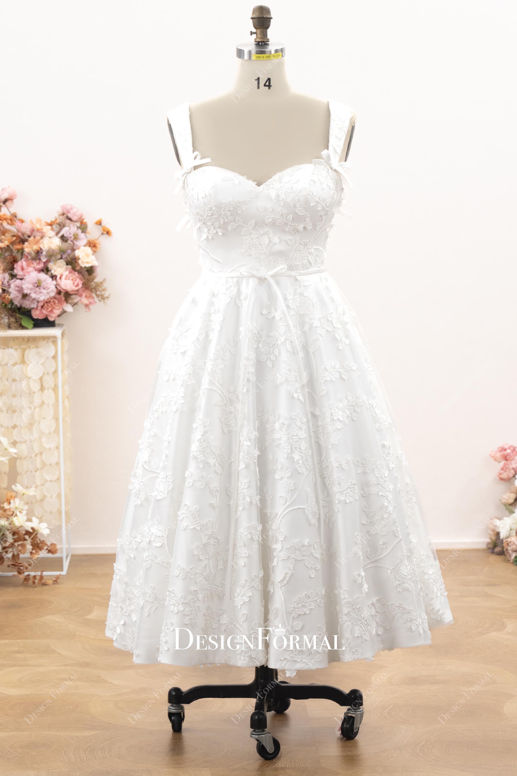 sleeveless natural waist bow belt midi wedding dress 