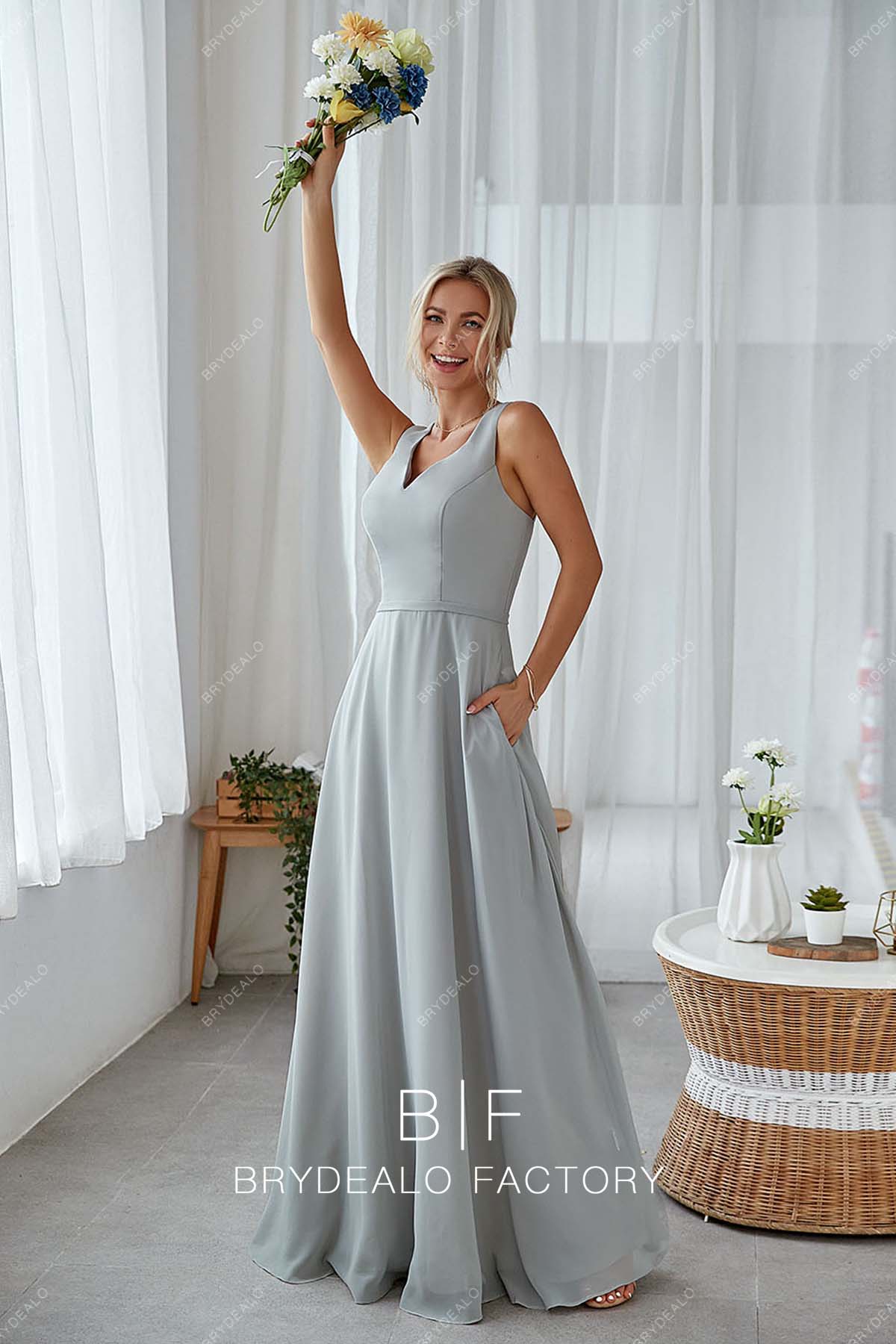 Silver Chiffon Sleeveless A-Line Floor Length Pockets Bridesmaid Dress