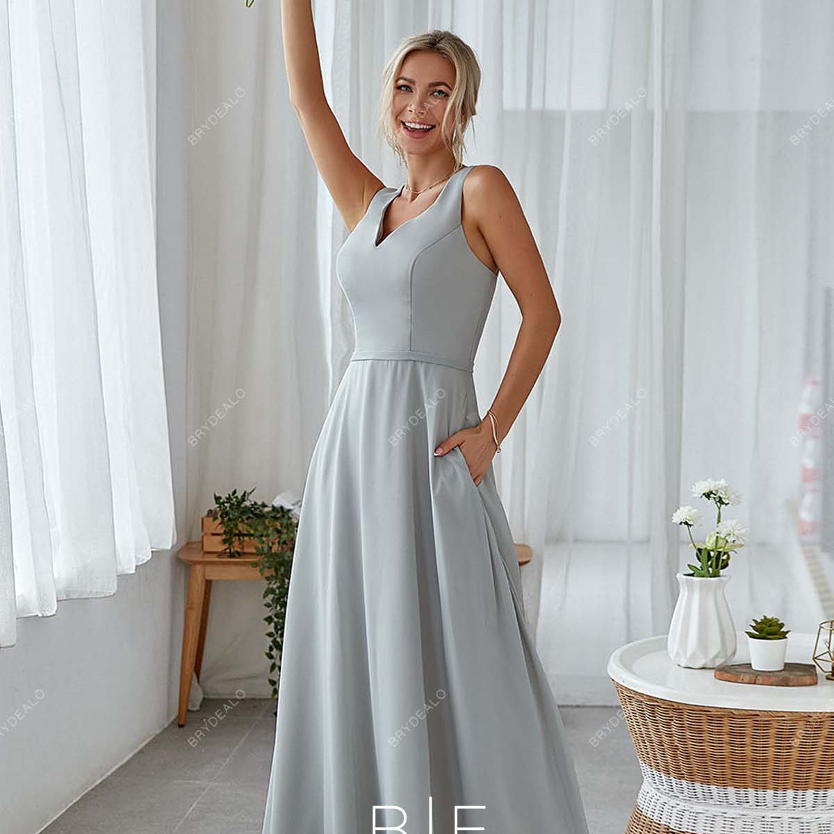 silver bridesmaid dresses near me Silver Chiffon Sleeveless A-Line Floor Length Pockets Bridesmaid Dress