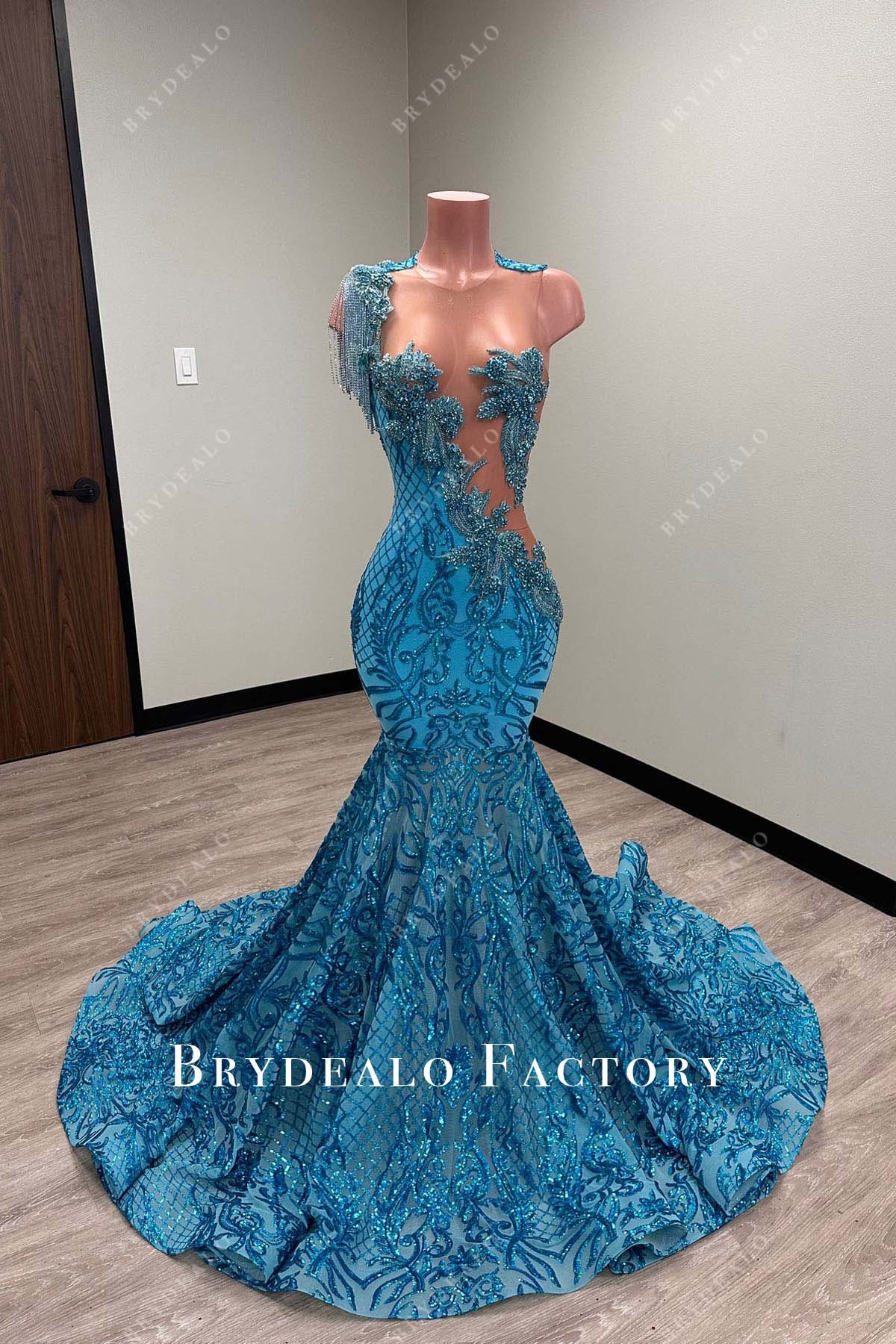illusion neck blue sequin long train prom dress