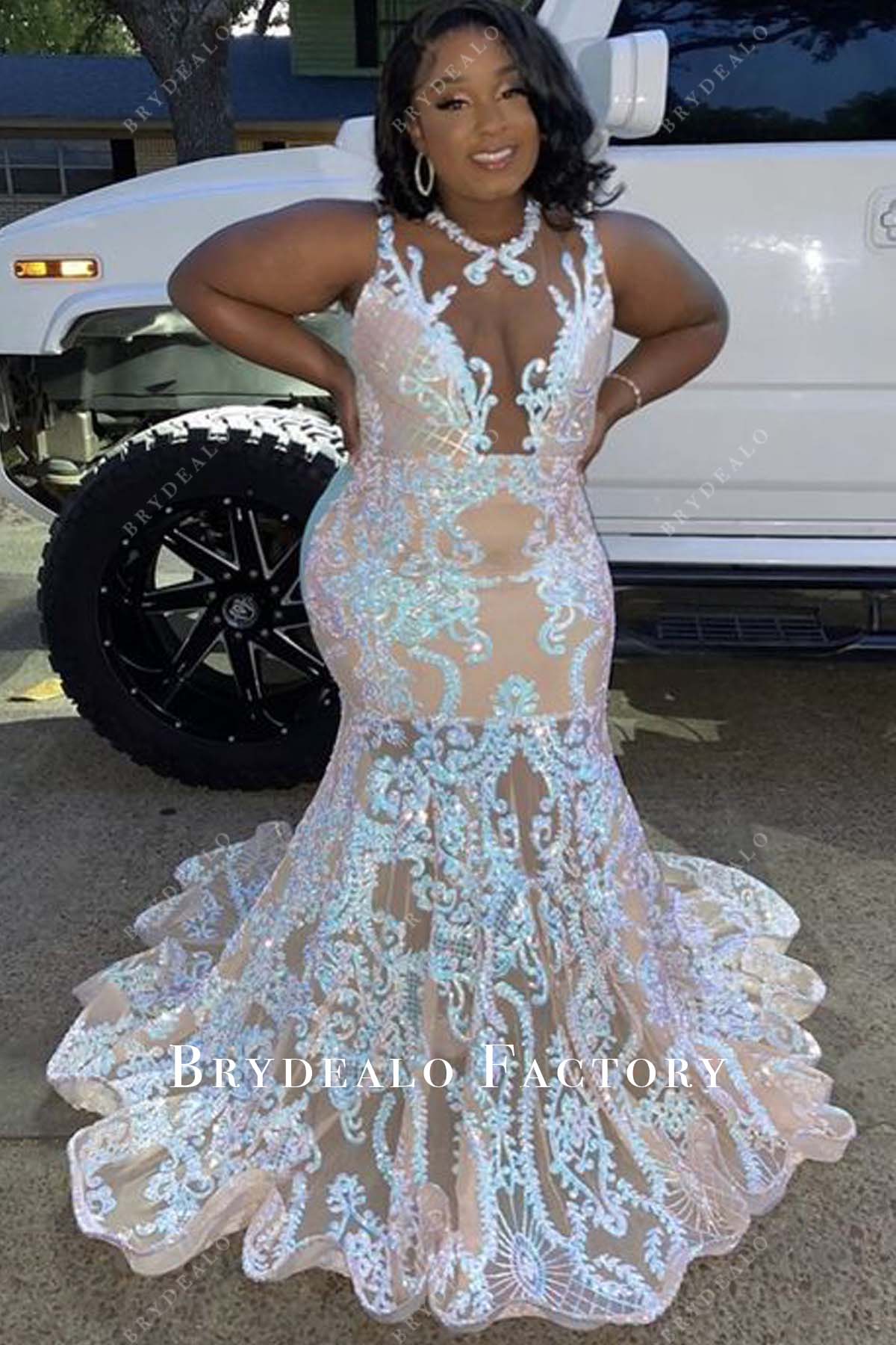 Iridescent Sequin Plus Size Plunging Neck Mermaid Prom Dress