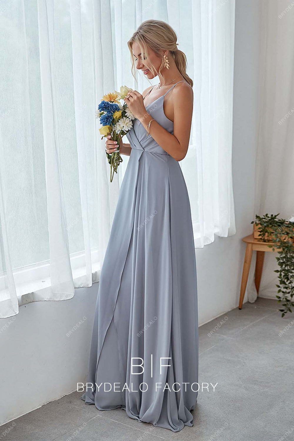 One Shoulder Long Chiffon Bridesmaid Gown Dusty Blue