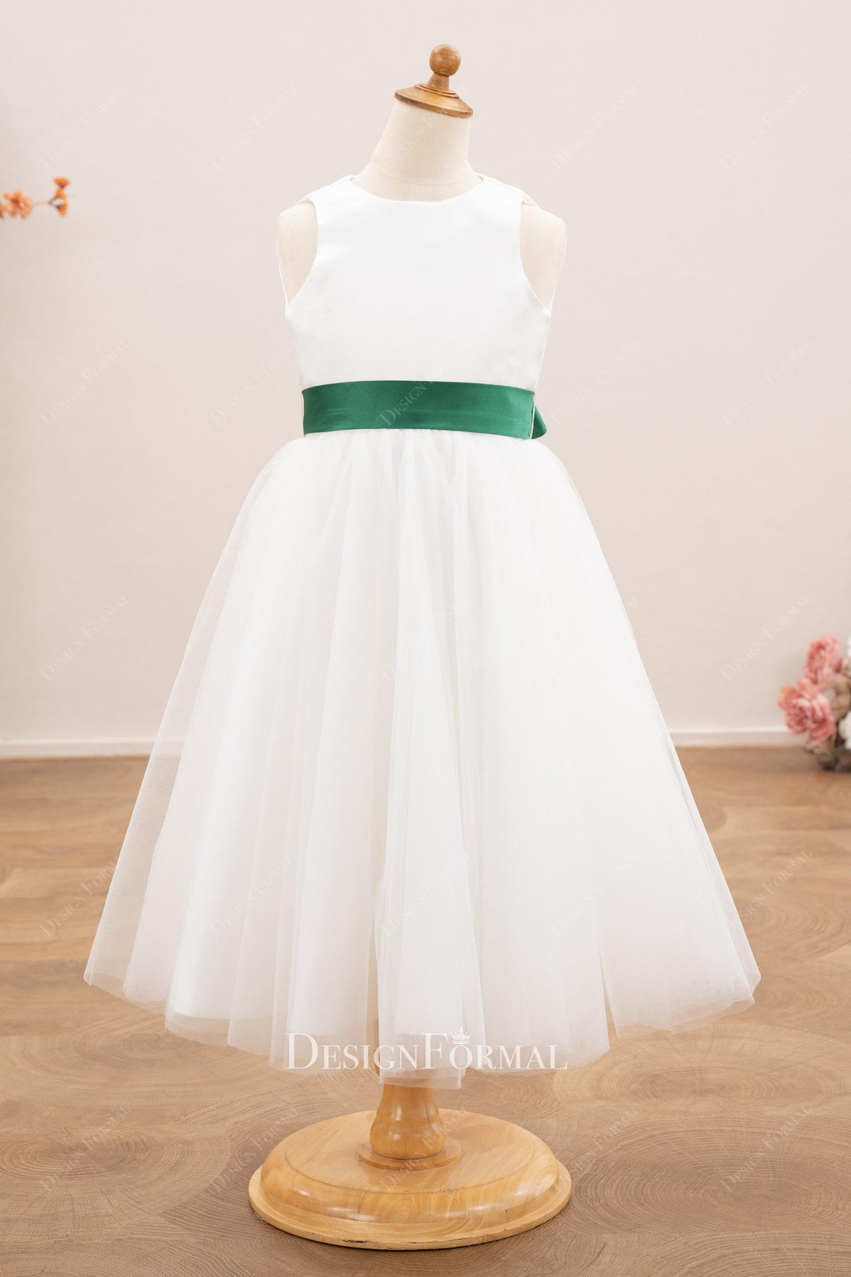 sleeveless satin tulle flower girl dress