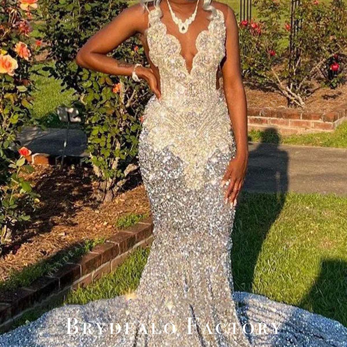 white christmas dresses Silver Sequin Rhinestones Sleeveless Long Train Mermaid Prom Dress