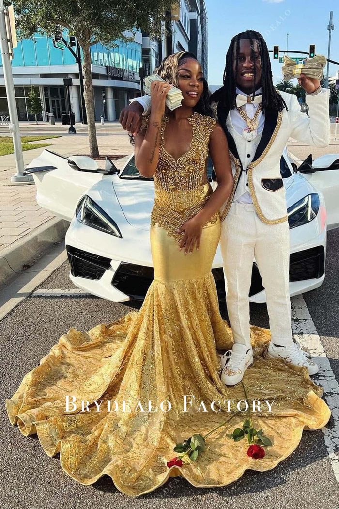 Gilt Lace Ornate Trumpet High Slit Prom Gown main image 1