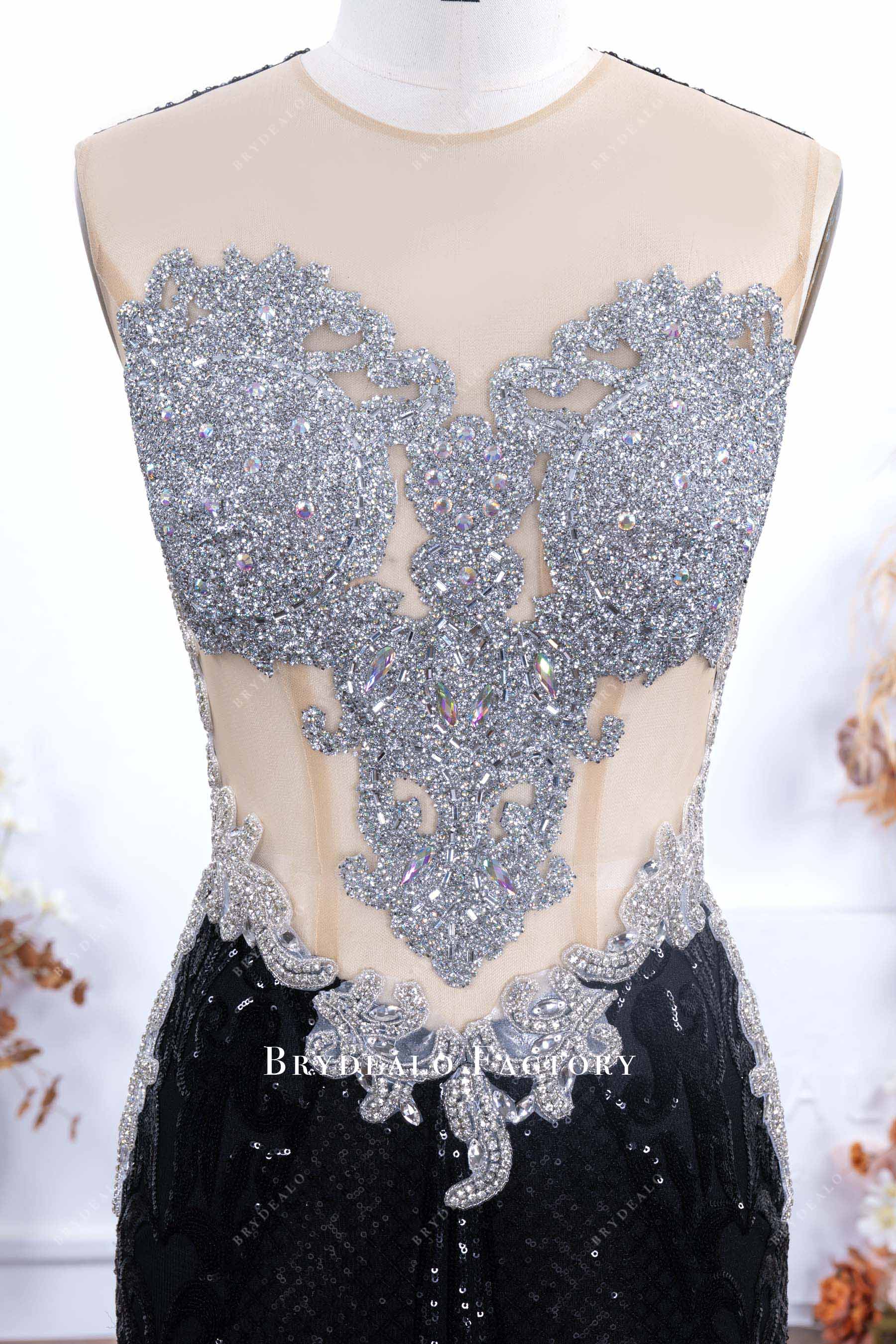 sleeveless sheer neck crystals prom dress