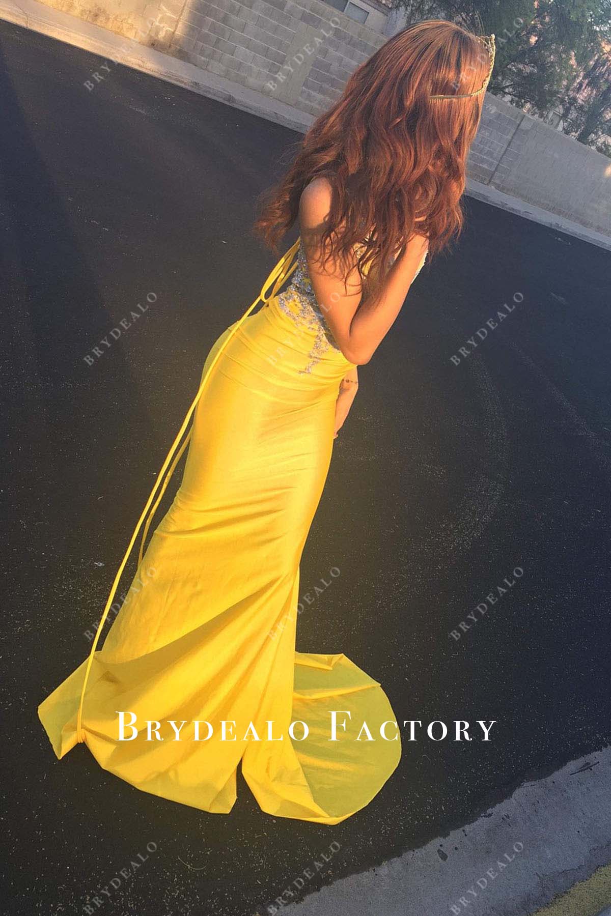 sleeveless yellow jersey mermaid prom dress