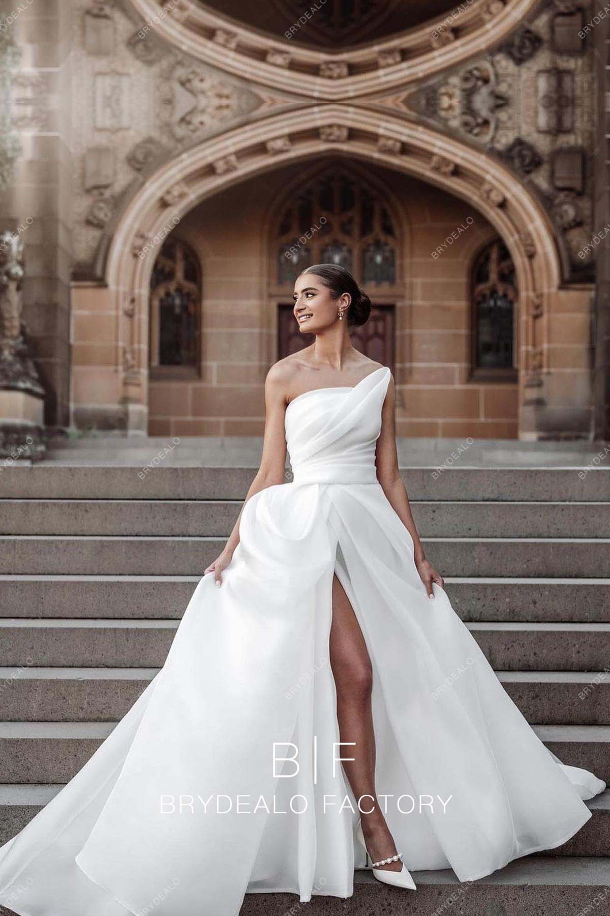 Strapless Designer Organza Slit Wedding Ball Gown