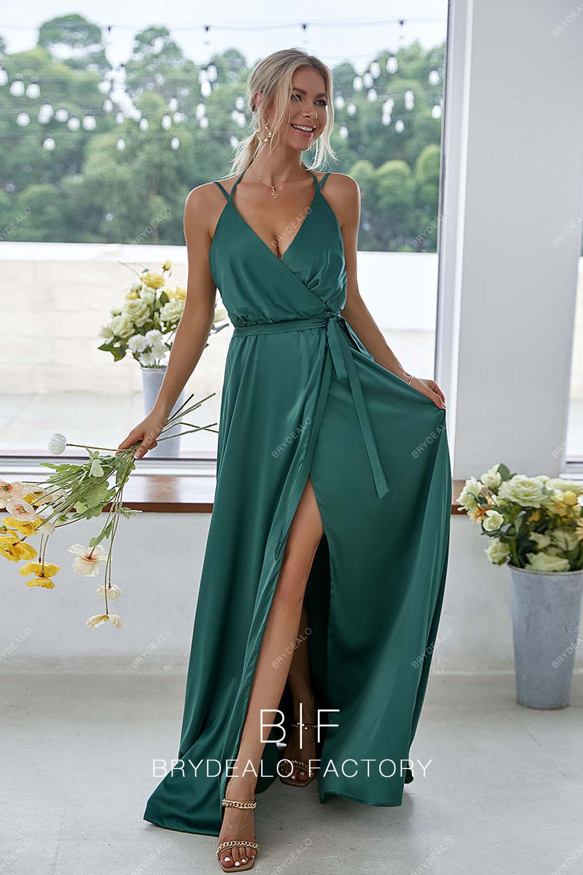 green sexy slit A-line bridesmaid gown