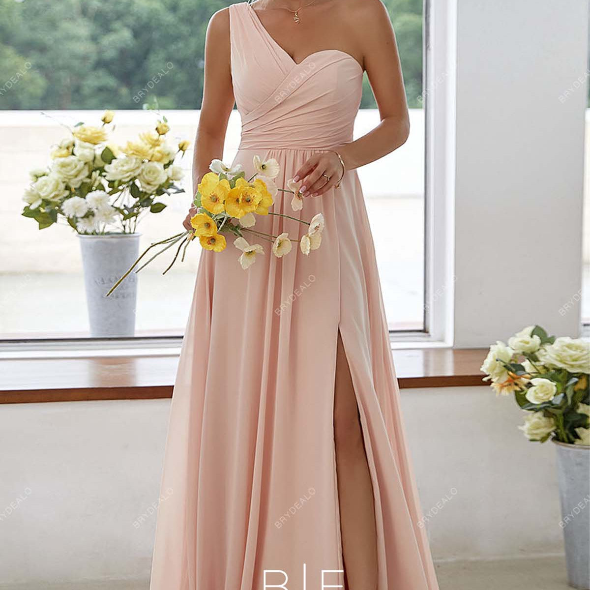One Shoulder Unique Peach Chiffon Floor Length Slit Bridesmaid Dress One Shoulder Unique Peach Chiffon Floor Length Slit Bridesmaid Dress