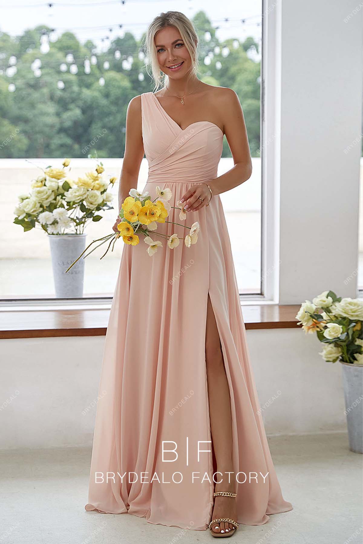 slit A-line chiffon bridesmaid gown