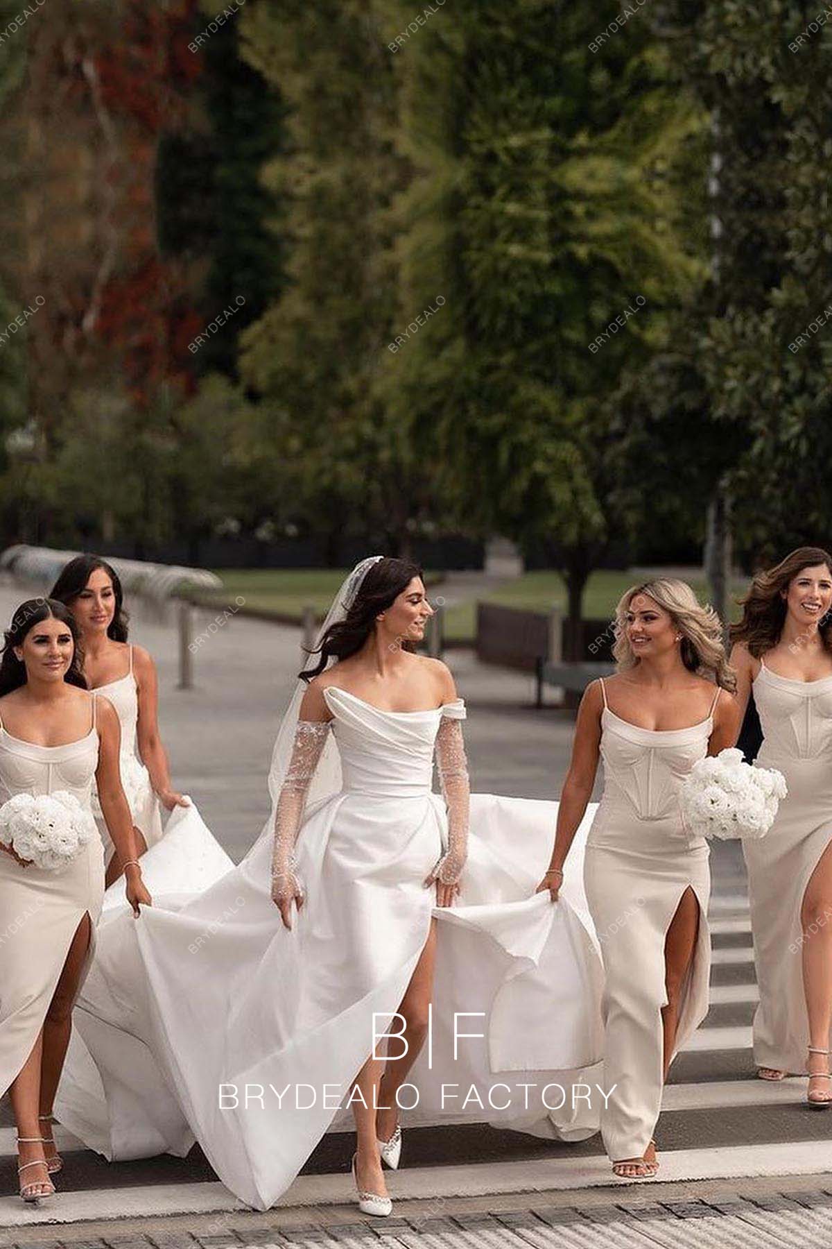 sexy slit scoop neck spaghetti straps bridesmaid gowns