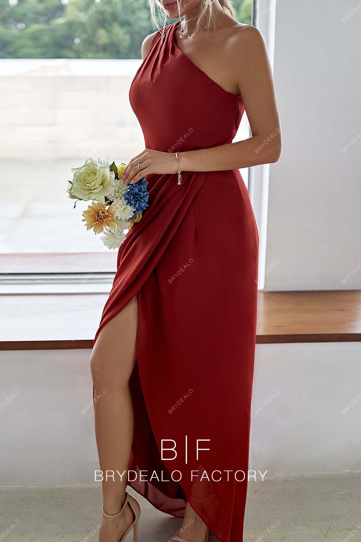 slit chiffon A-line bridesmaid gown