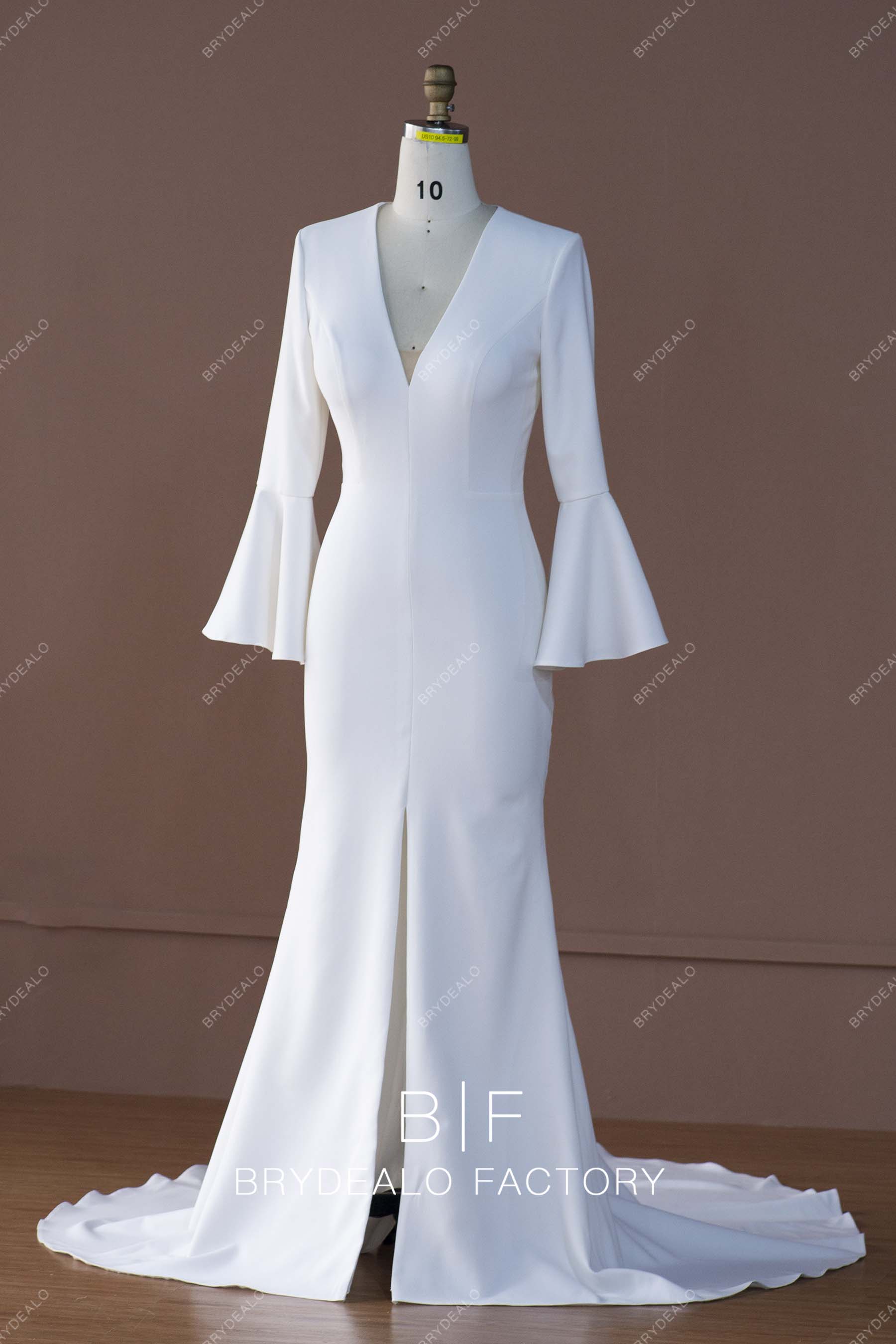 Long Sleeves Slit Crepe Fit and Flare Bridal Dress