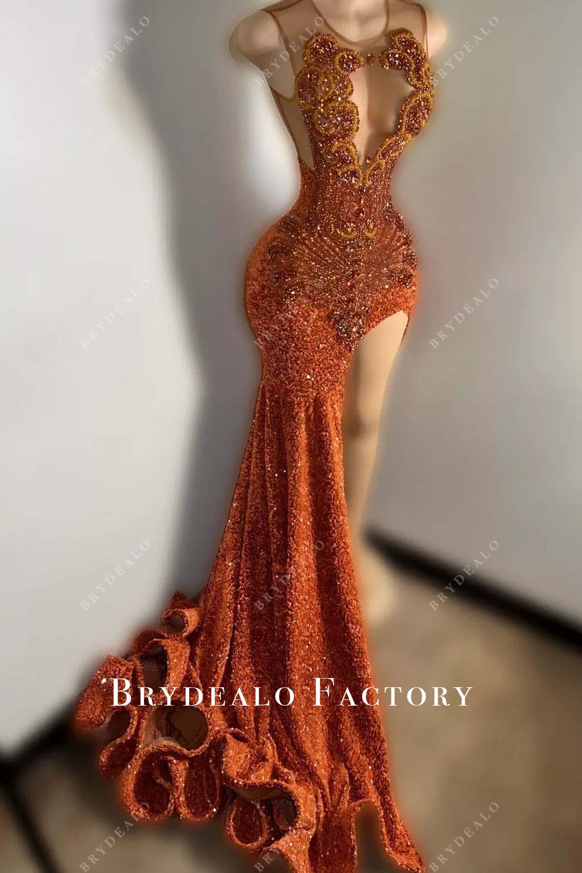 slit orange sequined trumpet prom dress