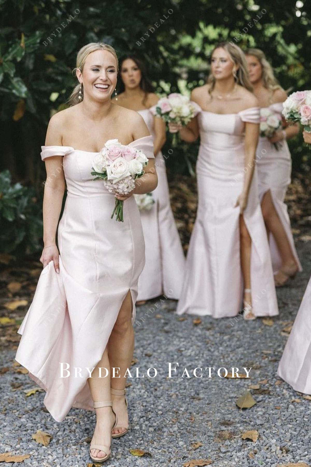 Pink Off Shoulder Satin Slit Mermaid Elegant Bridesmaid Dress