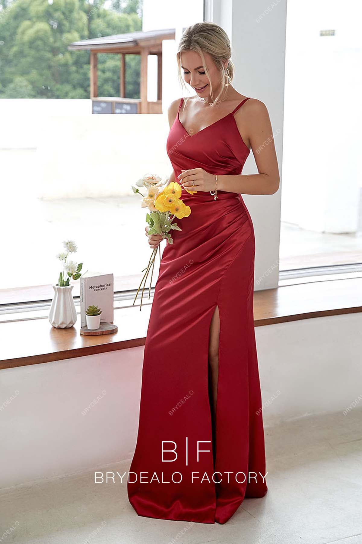 slit red charmeuse elegant bridesmaid gown