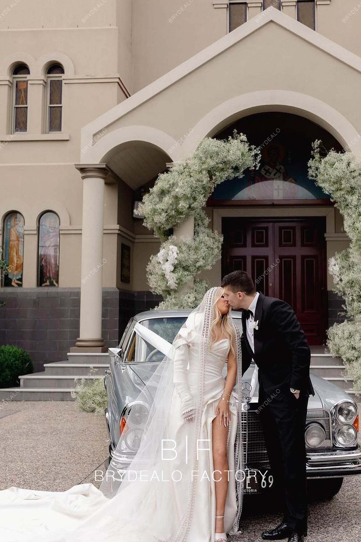 sexy slit elegant long train outdoor wedding gown