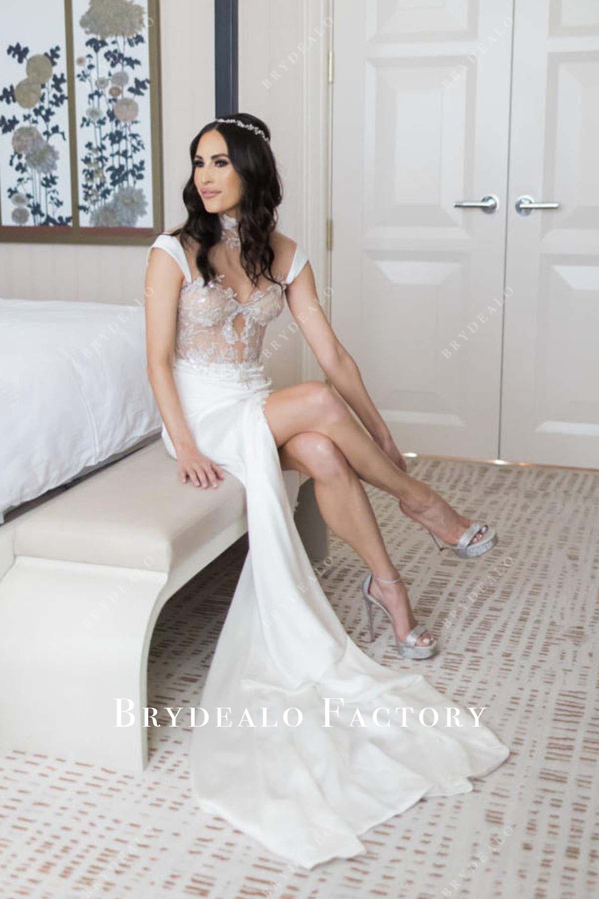 slit-sheer high neck bridal dress