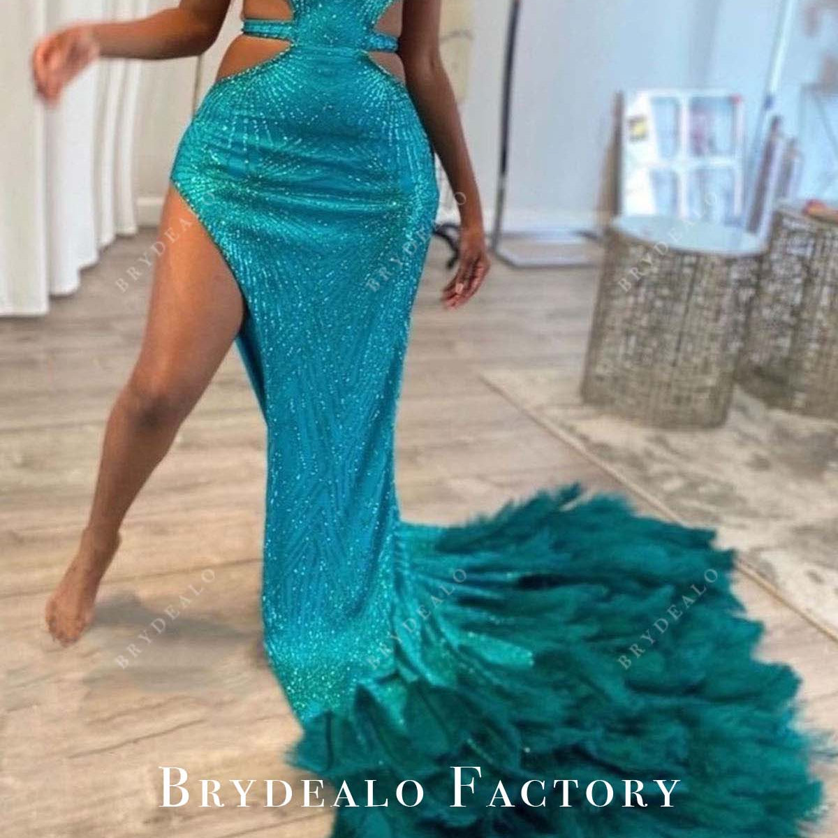 Sexy Slit Jade Shimmer Cutout Peacock Feather Prom Dress