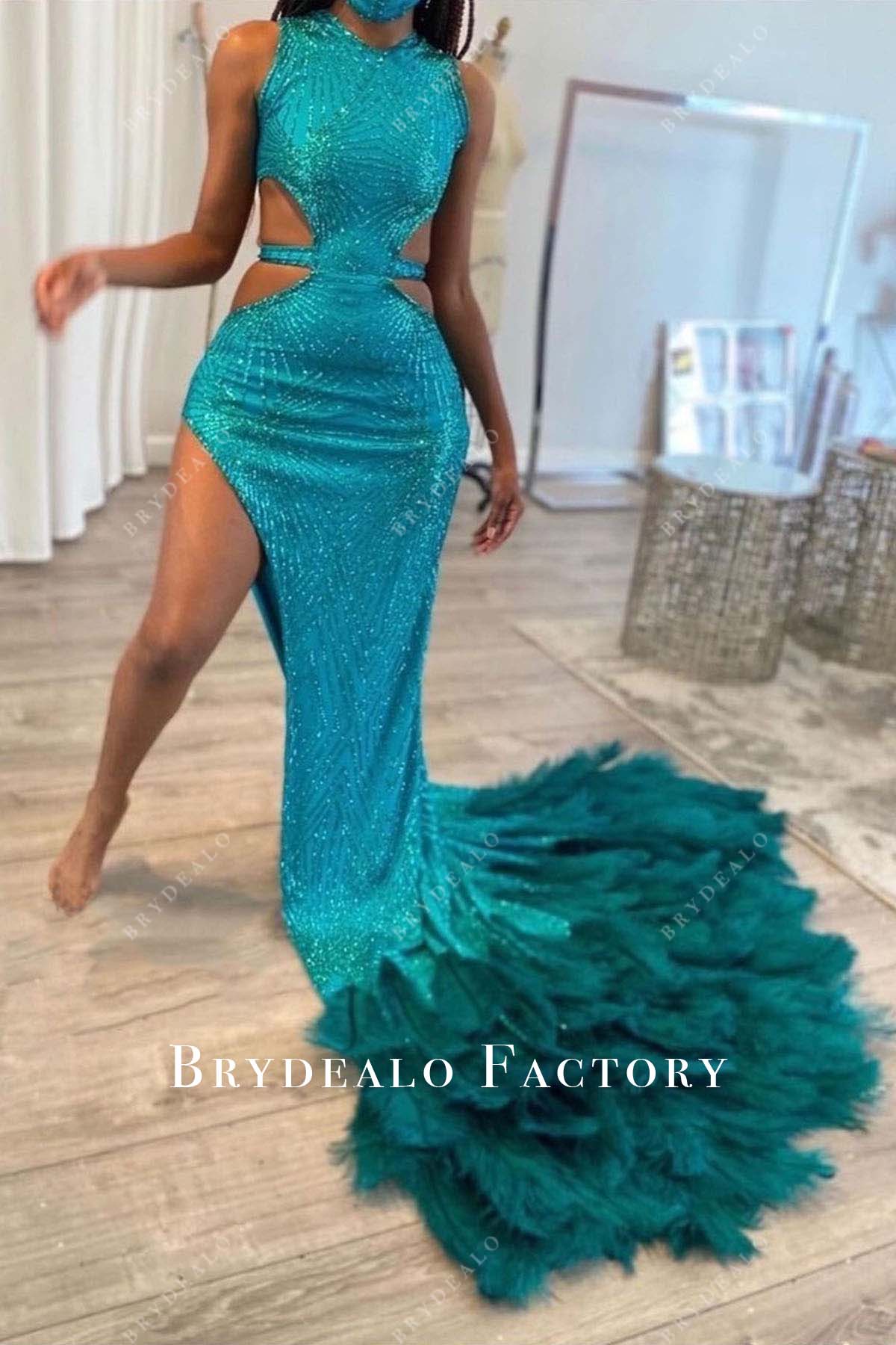 slit shimmer jade feather prom dress