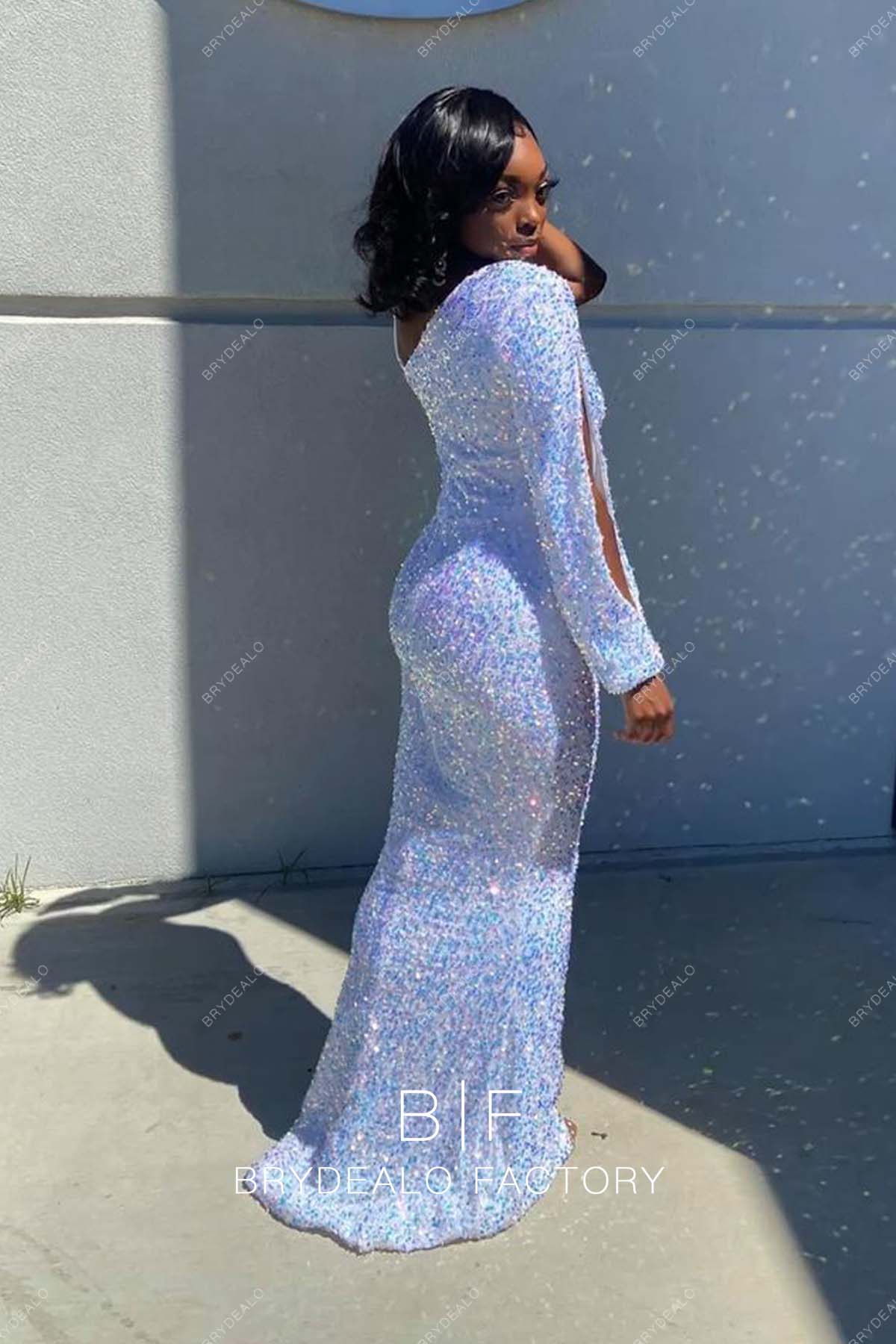 sparkly sequins slit long sleeve sweep train prom dress