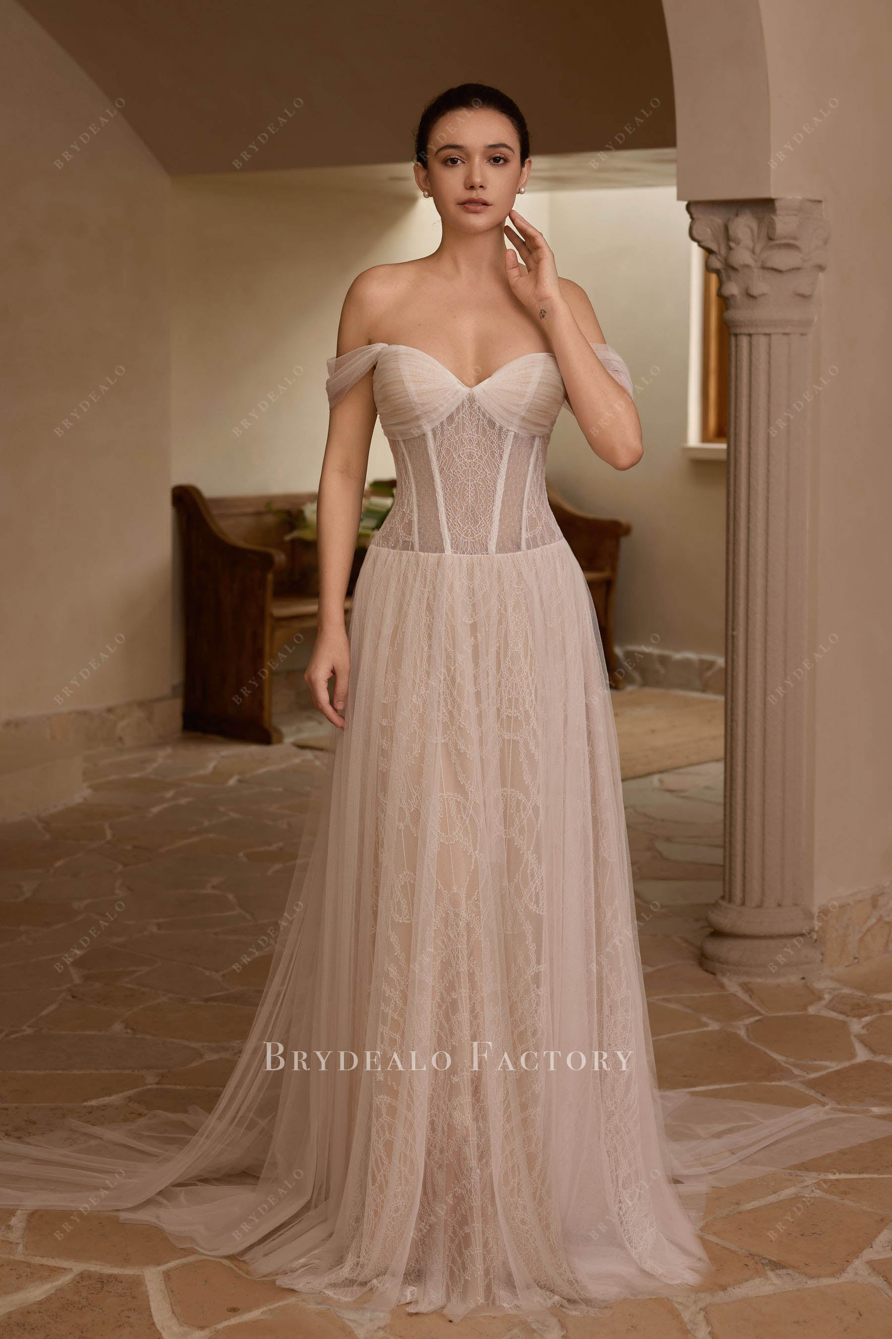 soft tulle lace a line wedding dress