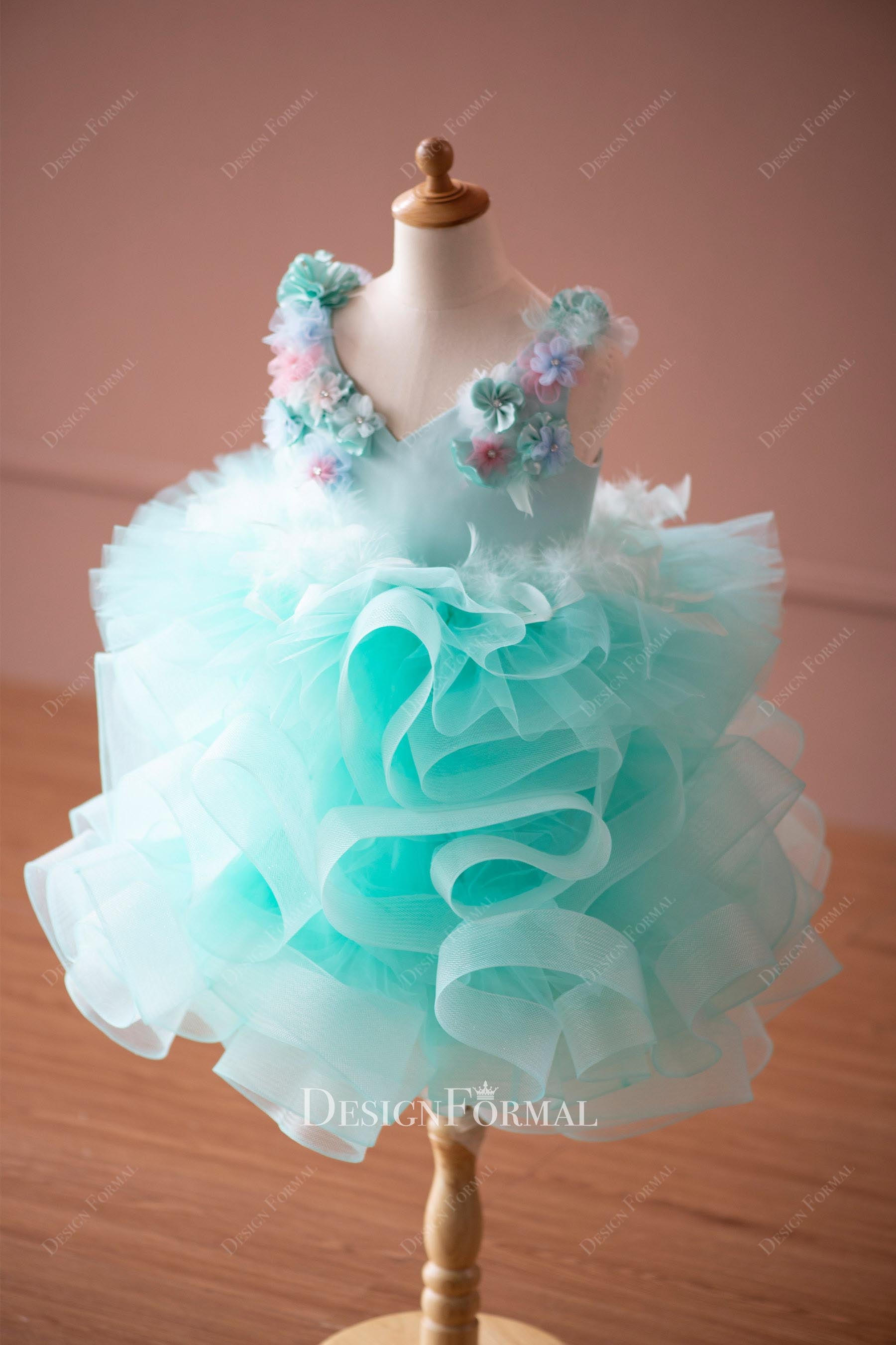 spa green 3d floral knee length flower girl dress