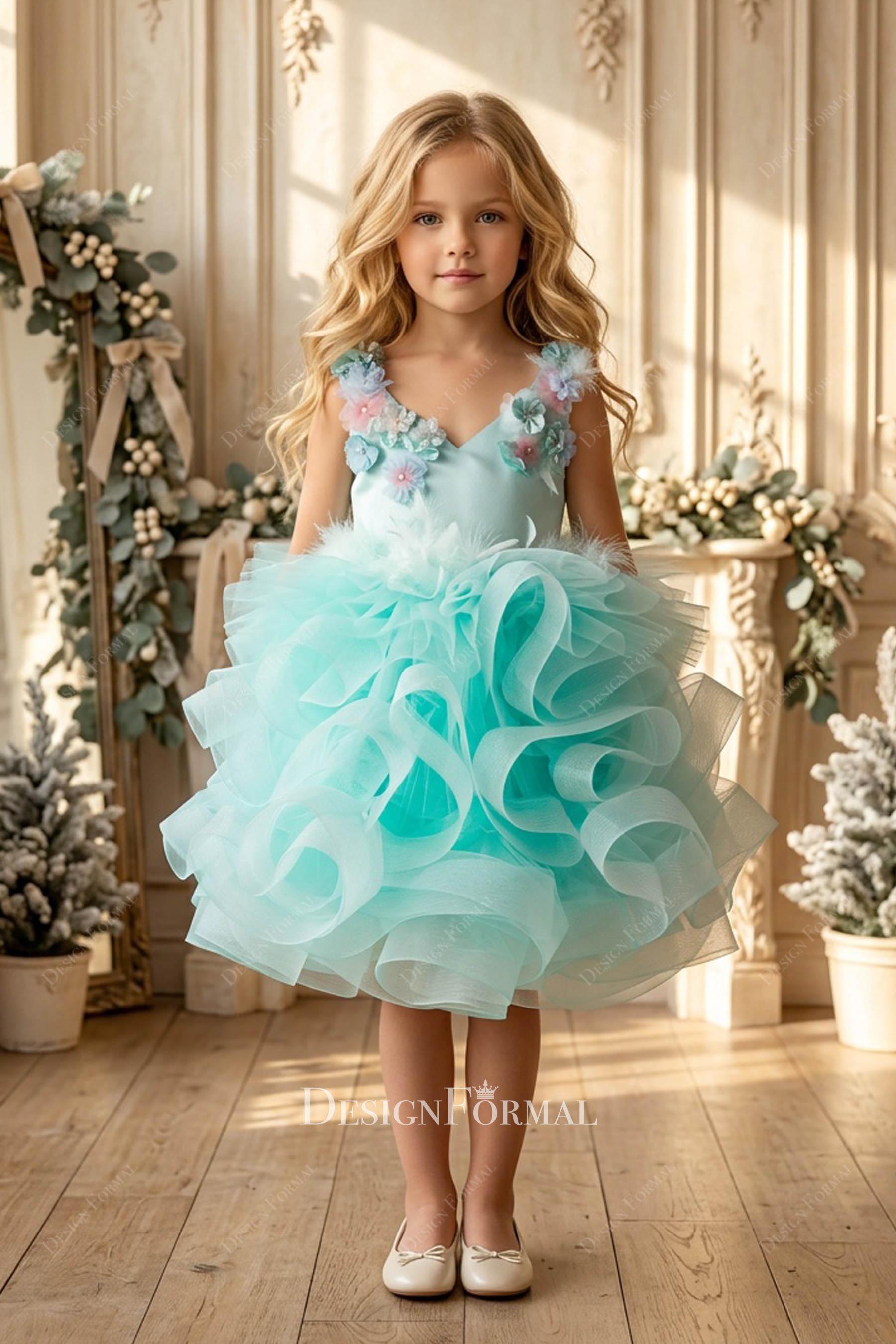 spa green ruffled tulle flower girl dress