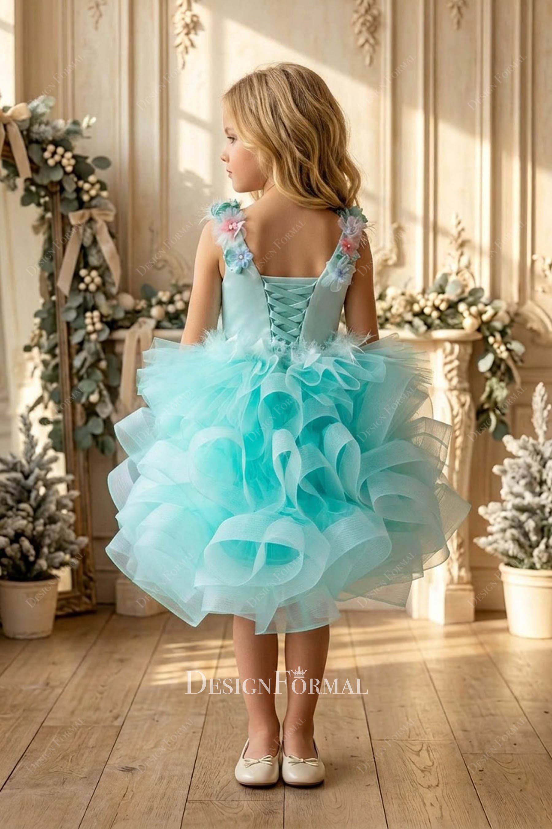 spa green sleeveless ruffled tulle flower girl dress